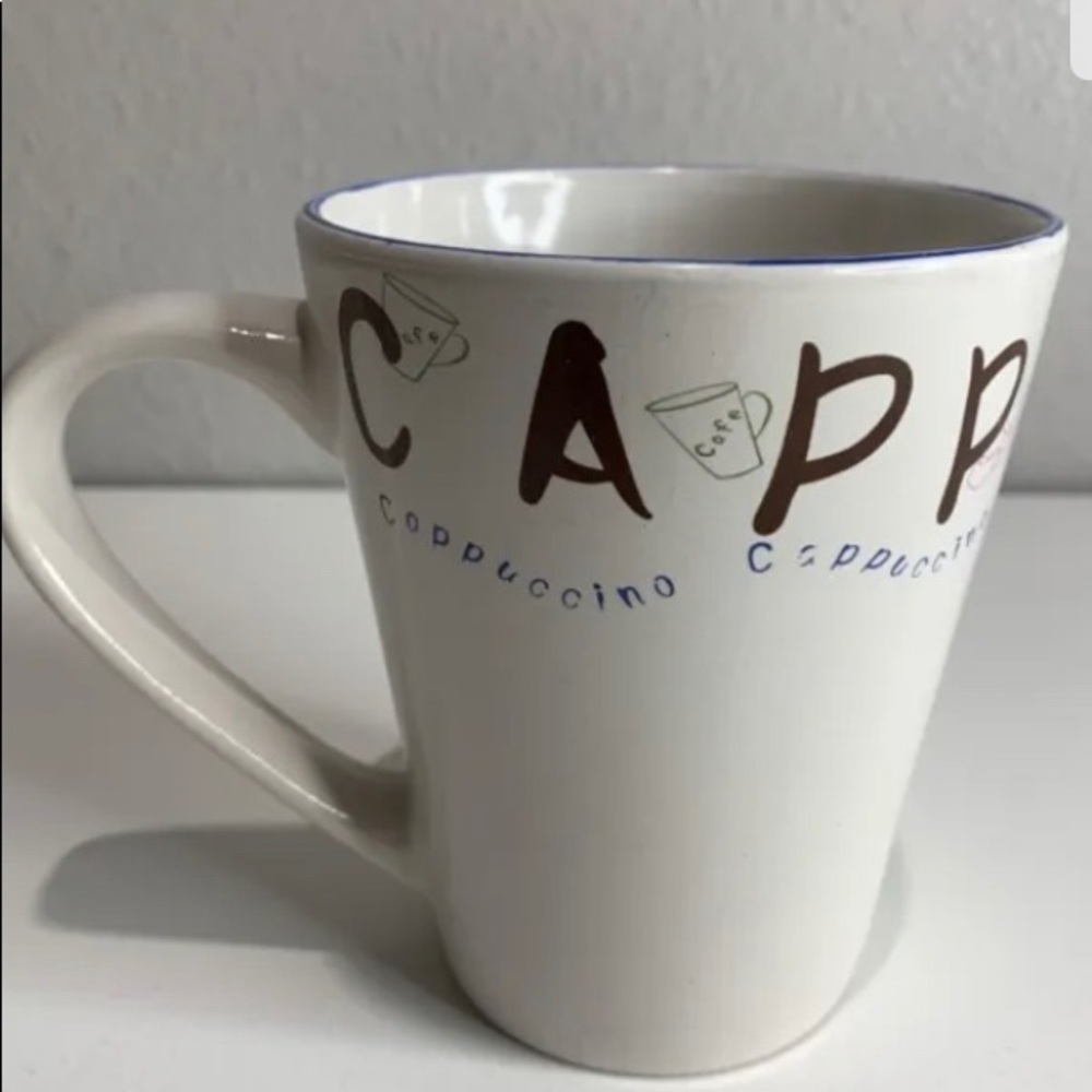 Tall 4.5 Inch Stoneware Coffee Mug White Cappuccino Cafe Graphics